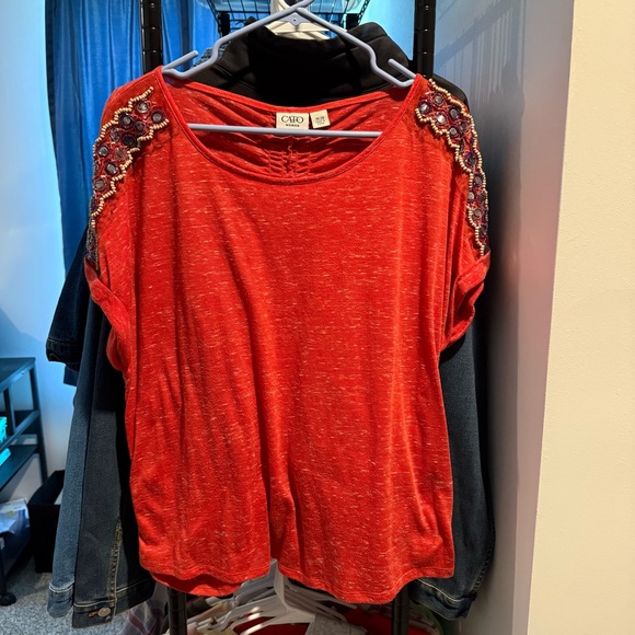 Cato Tops - Cato’s Red Blouse with Shoulder Embellishments